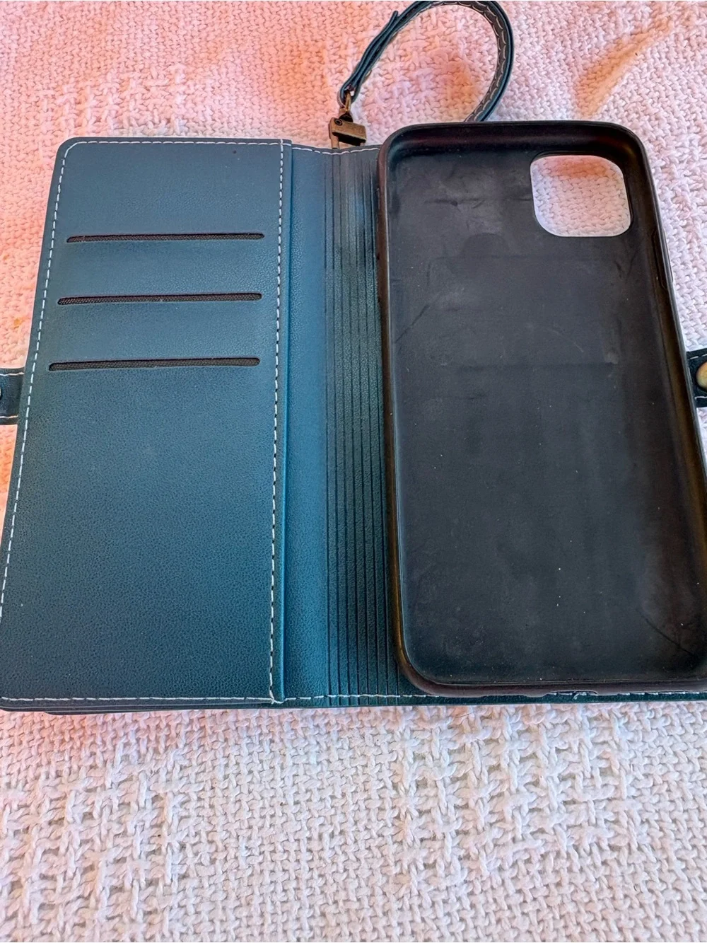 Defencase Wallet Case iPhone 12/12Pro Teal Blue RFID Wristlet Zipper